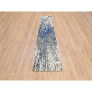 2'5"x11'9" Denim Blue, Abstract Design Hi-low Pile, Wool and Silk Hand Knotted, Runner Oriental Rug FWR384330