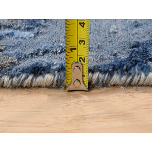 2'5"x11'9" Denim Blue, Abstract Design Hi-low Pile, Wool and Silk Hand Knotted, Runner Oriental Rug FWR384330
