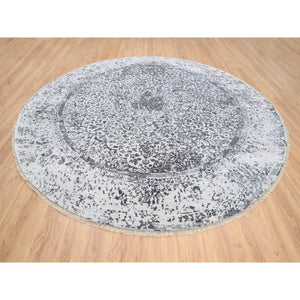 11'9"x11'9" Silver Gray, Hand Knotted Erased Persian Design, Wool and Pure Silk, Round Oriental Rug FWR384348