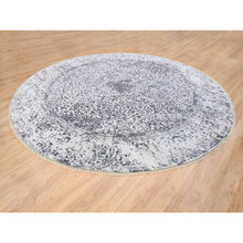 Load image into Gallery viewer, 11&#39;9&quot;x11&#39;9&quot; Silver Gray, Hand Knotted Erased Persian Design, Wool and Pure Silk, Round Oriental Rug FWR384348