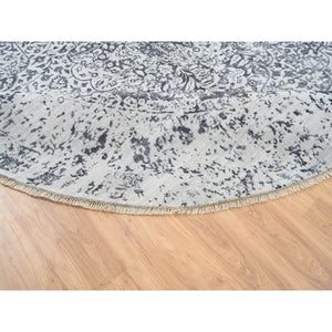 11'9"x11'9" Silver Gray, Hand Knotted Erased Persian Design, Wool and Pure Silk, Round Oriental Rug FWR384348