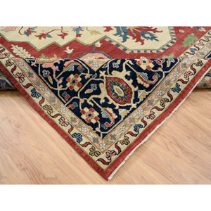 11'9"x17'10" Navy Blue, Pliable Wool Hand Knotted, Heriz Revival with Medallion Design, Oversized Oriental Rug FWR385464