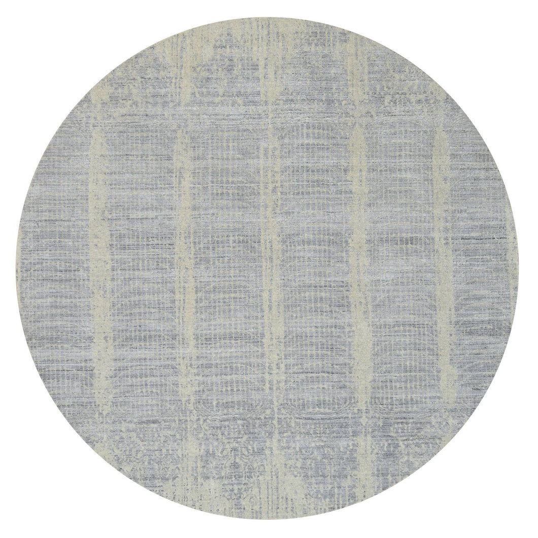 9'x9' Gray, Tone On Tone Transitional Erased Design, Jacquard Hand Loomed, Wool and Plant Based Silk, Oriental, Round Rug FWR385854