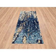 Load image into Gallery viewer, 2&#39;6&quot;x8&#39; Denim Blue with Mix of Gold, Hand Knotted, Mosaic Design Wool and Silk, Runner Persian Knot Oriental Rug FWR386148