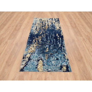 2'6"x8' Denim Blue with Mix of Gold, Hand Knotted, Mosaic Design Wool and Silk, Runner Persian Knot Oriental Rug FWR386148