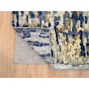 2'6"x8' Denim Blue with Mix of Gold, Hand Knotted, Mosaic Design Wool and Silk, Runner Persian Knot Oriental Rug FWR386148