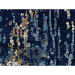 2'6"x8' Denim Blue with Mix of Gold, Hand Knotted, Mosaic Design Wool and Silk, Runner Persian Knot Oriental Rug FWR386148
