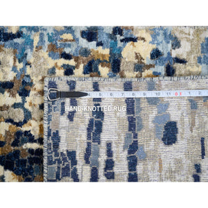2'6"x8' Denim Blue with Mix of Gold, Hand Knotted, Mosaic Design Wool and Silk, Runner Persian Knot Oriental Rug FWR386148