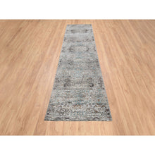 Load image into Gallery viewer, 2&#39;8&quot;x12&#39;1&quot; Gray, Transitional Persian Influence Erased Medallion Design, Silk with Textured Wool Hand Knotted, Runner Oriental Rug FWR386436