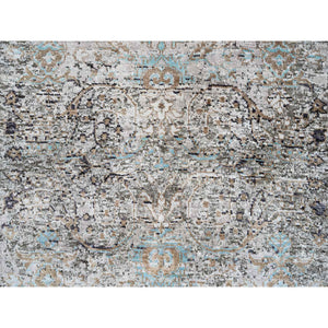 2'8"x12'1" Gray, Transitional Persian Influence Erased Medallion Design, Silk with Textured Wool Hand Knotted, Runner Oriental Rug FWR386436