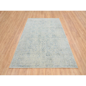 6'2"x9' Gray with Touches of Blue, Wool and Plant Based Silk Jacquard Hand Loomed, Tabriz Design, Oriental Rug FWR387294