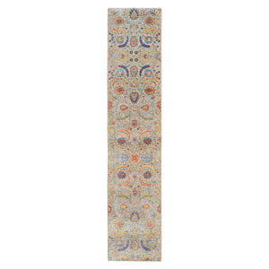 2'7"x12'4" Tan, Sickle Leaf Design, Silk With Textured Wool Hand Knotted, Runner Oriental Rug FWR387918