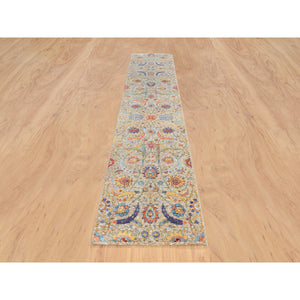 2'7"x12'4" Tan, Sickle Leaf Design, Silk With Textured Wool Hand Knotted, Runner Oriental Rug FWR387918