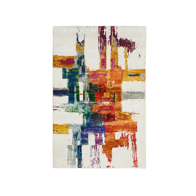 3'x5' Colorful, Modern Abstract Motifs Painter's Brush Strokes, Wool and Sari Silk, Hand Knotted, Oriental Rug FWR388080