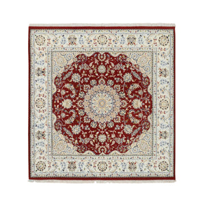 6'x6' Cherry Red, Nain with Center Medallion Flower Design 250 KPSI, Pure Wool Hand Knotted, Square Oriental Rug FWR388344