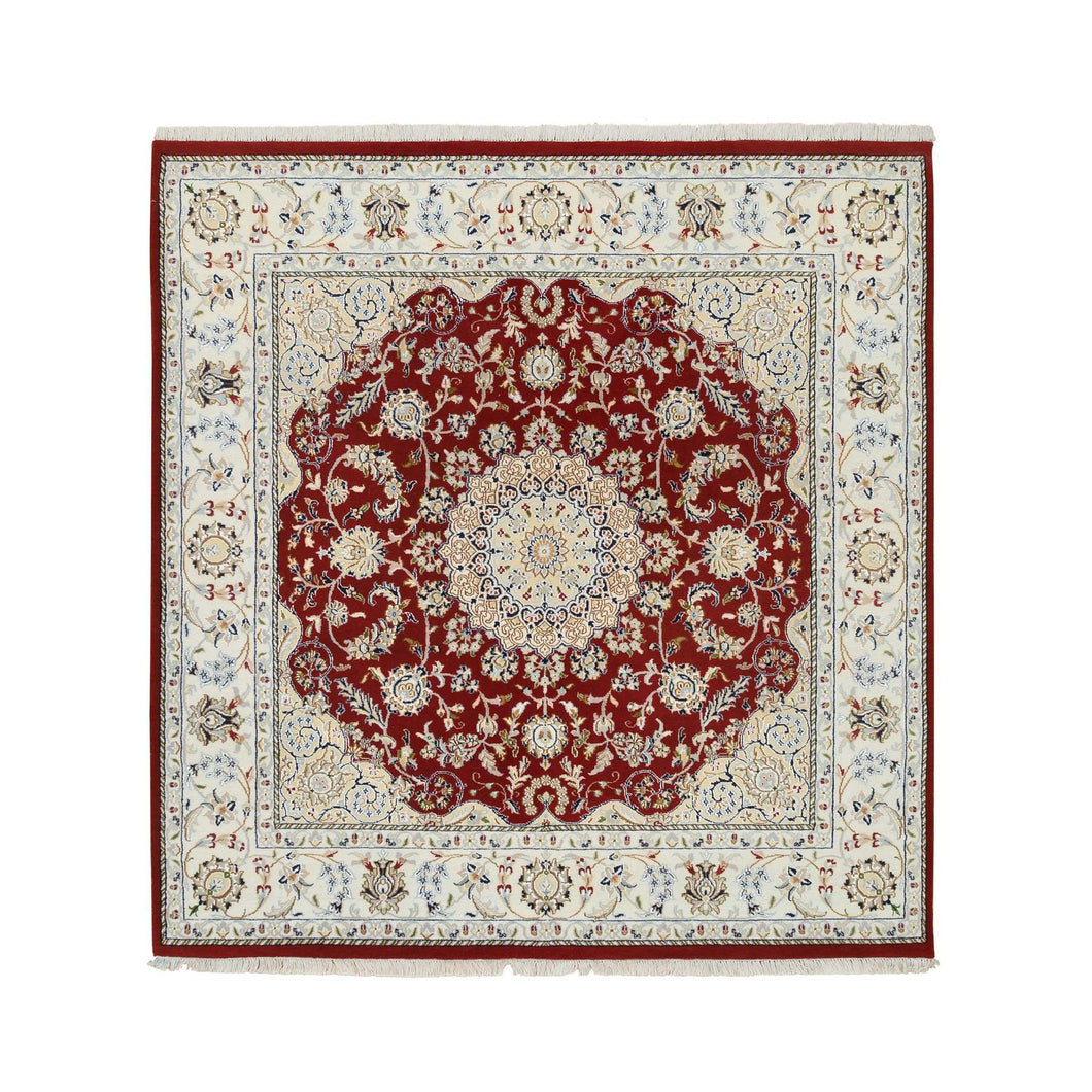 6'x6' Cherry Red, Nain with Center Medallion Flower Design 250 KPSI, Pure Wool Hand Knotted, Square Oriental Rug FWR388344