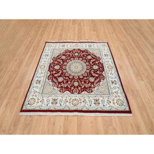 6'x6' Cherry Red, Nain with Center Medallion Flower Design 250 KPSI, Pure Wool Hand Knotted, Square Oriental Rug FWR388344