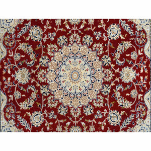 6'x6' Cherry Red, Nain with Center Medallion Flower Design 250 KPSI, Pure Wool Hand Knotted, Square Oriental Rug FWR388344