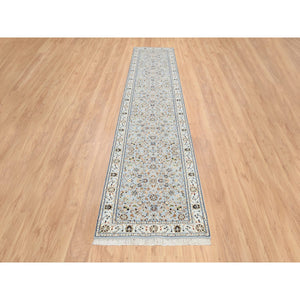 2'6"x13'9" Light Blue, Nain With All Over Flower Design 250 KPSI, Wool Hand Knotted, Runner Oriental Rug FWR388416