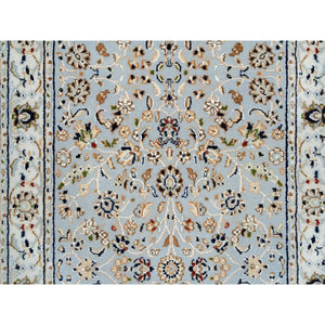 2'6"x13'9" Light Blue, Nain With All Over Flower Design 250 KPSI, Wool Hand Knotted, Runner Oriental Rug FWR388416