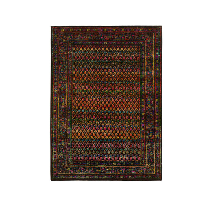 4'x6' Black, Sarouk Mir Inspired With Repetitive Boteh Design, Wool and Sari Silk Hand Knotted, Oriental Rug FWR389268