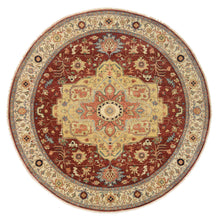 Load image into Gallery viewer, 10&#39;x10&#39; Terracotta Red, Densely Woven Natural Dyes, Hand Spun Wool Hand Knotted, Antiqued Fine Heriz Re-Creation, Round Oriental Rug FWR389844