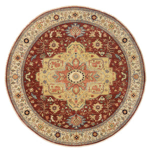 10'x10' Terracotta Red, Densely Woven Natural Dyes, Hand Spun Wool Hand Knotted, Antiqued Fine Heriz Re-Creation, Round Oriental Rug FWR389844