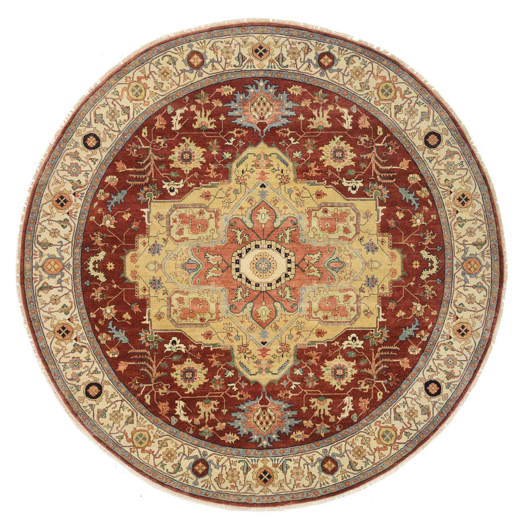 10'x10' Terracotta Red, Densely Woven Natural Dyes, Hand Spun Wool Hand Knotted, Antiqued Fine Heriz Re-Creation, Round Oriental Rug FWR389844