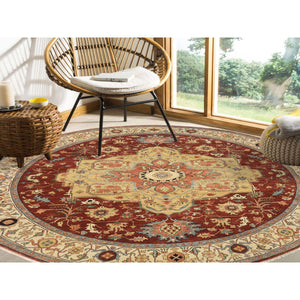 10'x10' Terracotta Red, Densely Woven Natural Dyes, Hand Spun Wool Hand Knotted, Antiqued Fine Heriz Re-Creation, Round Oriental Rug FWR389844