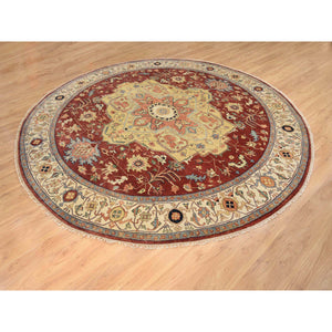 10'x10' Terracotta Red, Densely Woven Natural Dyes, Hand Spun Wool Hand Knotted, Antiqued Fine Heriz Re-Creation, Round Oriental Rug FWR389844