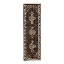 Load image into Gallery viewer, 2&#39;x8&#39;1&quot; Rich Black, Tabriz Mahi with Fish Medallion Design, Pure Wool, 175 KPSI, Hand Knotted, Runner Oriental Rug FWR390402