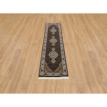 Load image into Gallery viewer, 2&#39;x8&#39;1&quot; Rich Black, Tabriz Mahi with Fish Medallion Design, Pure Wool, 175 KPSI, Hand Knotted, Runner Oriental Rug FWR390402