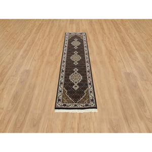 2'x8'1" Rich Black, Tabriz Mahi with Fish Medallion Design, Pure Wool, 175 KPSI, Hand Knotted, Runner Oriental Rug FWR390402