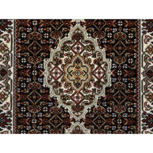 2'x8'1" Rich Black, Tabriz Mahi with Fish Medallion Design, Pure Wool, 175 KPSI, Hand Knotted, Runner Oriental Rug FWR390402