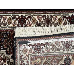 2'x8'1" Rich Black, Tabriz Mahi with Fish Medallion Design, Pure Wool, 175 KPSI, Hand Knotted, Runner Oriental Rug FWR390402