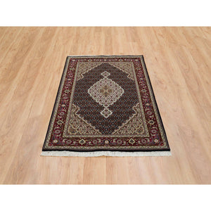 4'x6'1" Rich Black, Tabriz Mahi with Fish Medallion Design, 175 KPSI, Hand Knotted, 100% Wool, Oriental Rug FWR390594