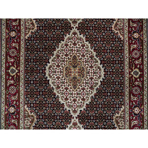 4'x6'1" Rich Black, Tabriz Mahi with Fish Medallion Design, 175 KPSI, Hand Knotted, 100% Wool, Oriental Rug FWR390594