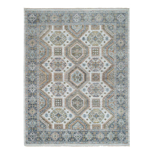 7'10"x10' Ivory, Plush and Lush Pile Pure Wool, Hand Knotted Karajeh Heritage Design, Oriental Rug FWR391110