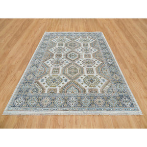 7'10"x10' Ivory, Plush and Lush Pile Pure Wool, Hand Knotted Karajeh Heritage Design, Oriental Rug FWR391110