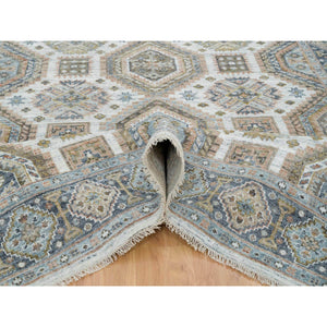 7'10"x10' Ivory, Plush and Lush Pile Pure Wool, Hand Knotted Karajeh Heritage Design, Oriental Rug FWR391110