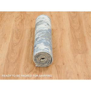 2'6"x5'9" Gray and Blue, Hand Knotted Abstract Design, Hi-Low Pile Wool and Silk, Runner Oriental Rug FWR391218