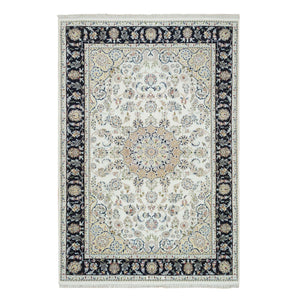 5'10"x9'1" Ivory, Natural Wool Hand Knotted, Nain with Center Medallion Flower Design, 250 KPSI Densely Woven, Oriental Rug FWR391728