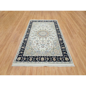 5'10"x9'1" Ivory, Natural Wool Hand Knotted, Nain with Center Medallion Flower Design, 250 KPSI Densely Woven, Oriental Rug FWR391728