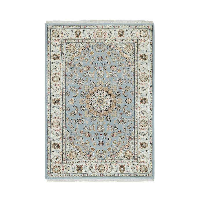 4'x6' Light Blue, Nain with Center Medallion Flower Design 250 KPSI, Organic Wool Hand Knotted, Oriental Rug FWR391908