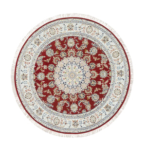 6'x6' Burgundy Red, Nain with Center Medallion Flower Design, 250 KPSI, Soft Wool, Hand Knotted, Round Oriental Rug FWR392280