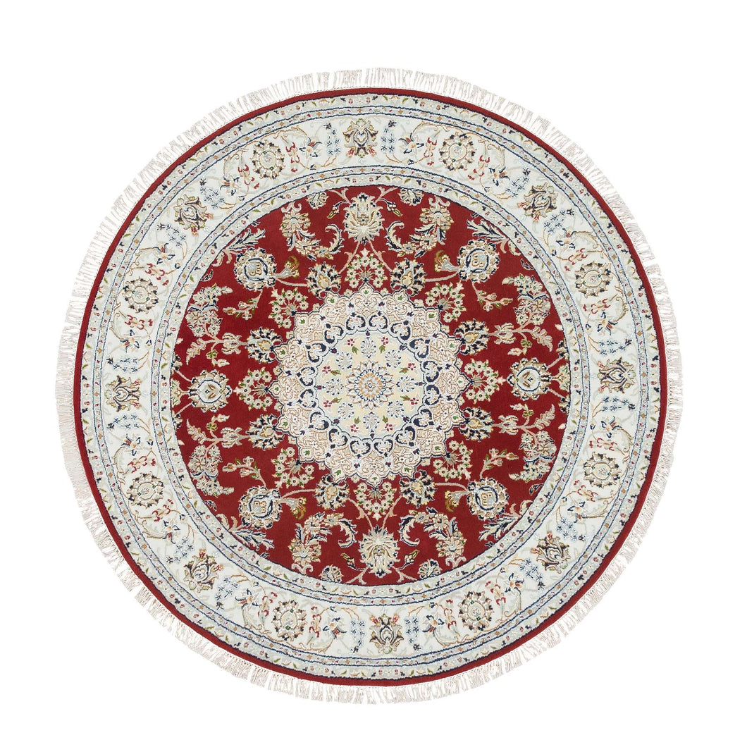 6'x6' Burgundy Red, Nain with Center Medallion Flower Design, 250 KPSI, Soft Wool, Hand Knotted, Round Oriental Rug FWR392280