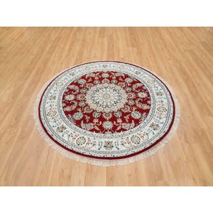 6'x6' Burgundy Red, Nain with Center Medallion Flower Design, 250 KPSI, Soft Wool, Hand Knotted, Round Oriental Rug FWR392280