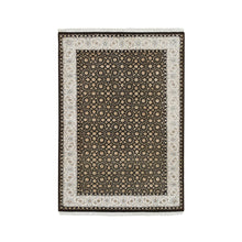 Load image into Gallery viewer, 4&#39;x6&#39; Eerie Black, Herati with All Over Fish Mahi Design, 250 KPSI Super Fine Weave, Extra Soft Wool Hand Knotted, Oriental Rug FWR392358