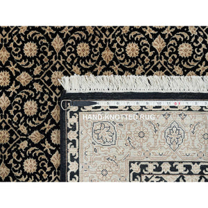 4'x6' Eerie Black, Herati with All Over Fish Mahi Design, 250 KPSI Super Fine Weave, Extra Soft Wool Hand Knotted, Oriental Rug FWR392358