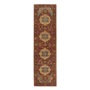 2'7"x10' Terracotta Red, Hand Knotted, Antiqued Fine Heriz Re-Creation, Densely Woven, Natural Dyes, Extra Soft Wool, Runner Oriental Rug FWR393018